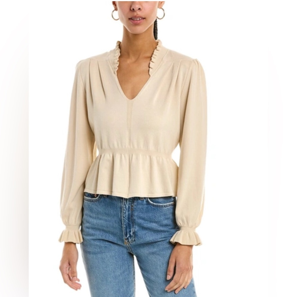 BA&SH‎ Women's Seoul Ruffle V Neck Long Sleeve Beige ECRU Sweater Size S
